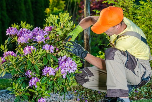 Gardening team arriving at a customer's property with tools and safety gear